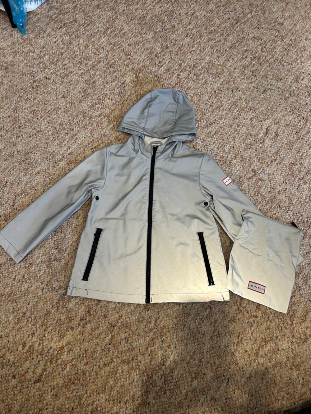 Hunter Light Gray Kids Hooded Raincoat with Black Trim